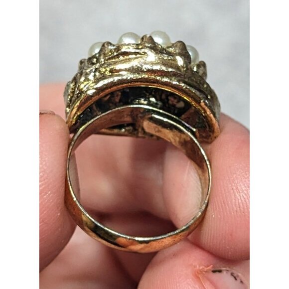 Vintage Glam Gold Tone Rhinestone Seed Pearl Adjustable Ring Size 6 - Picture 4 of 9
